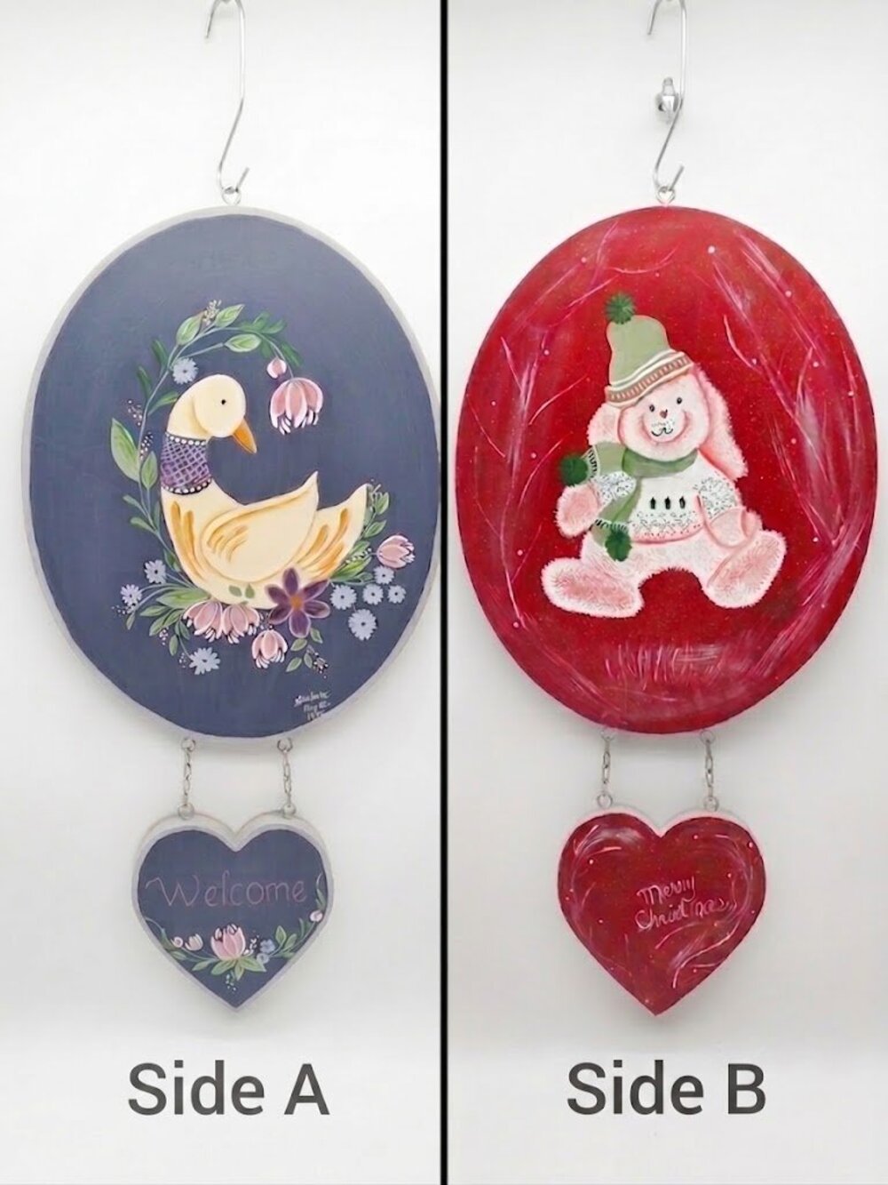 Vtg 80s Reversible Wood Hanging Sign - Tole Painted, Welcome Goose, Holiday Bear